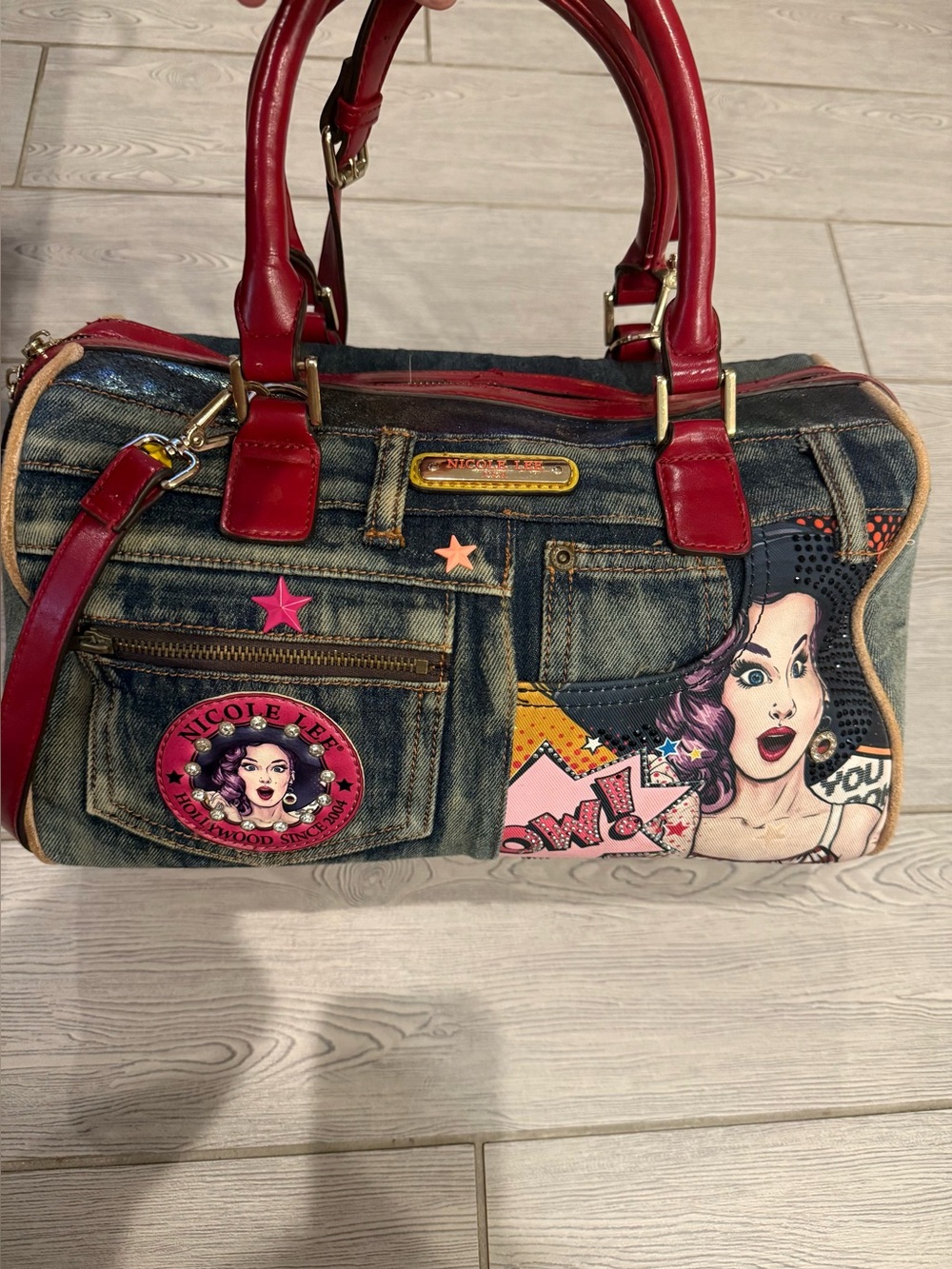Nicole Lee Denim Pop-Art Satchel Boston Bag with Red Accents